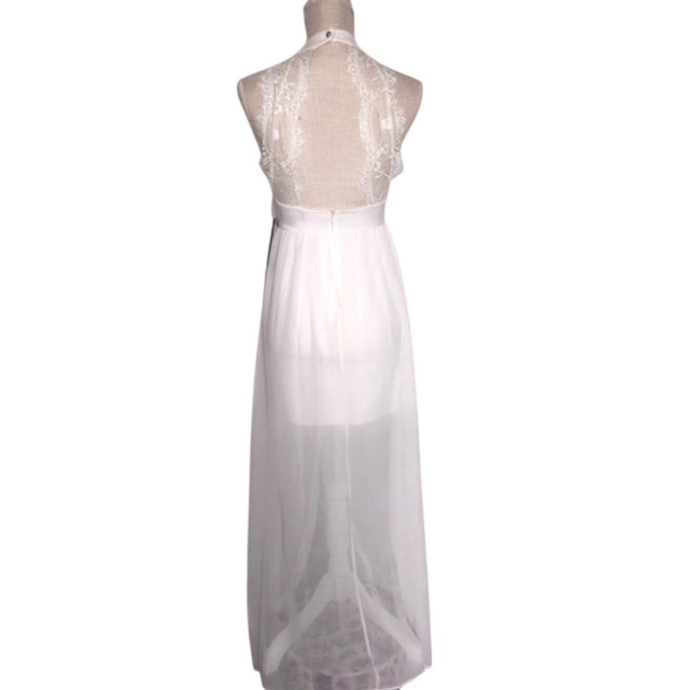 Lulu's White Halter High-Low Maxi Dress with Lace Back Sz/L - Picture 7 of 10